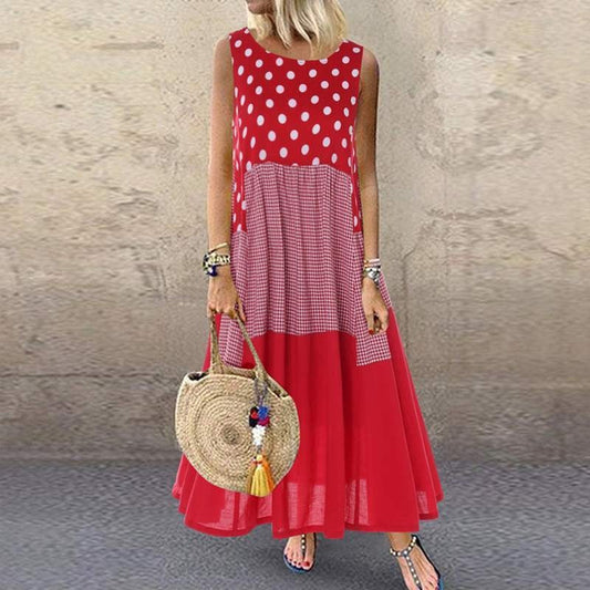 CD | Rochie maxi pentru femei - A-line fit - fără mâneci - bumbac - mixed dotted & checked