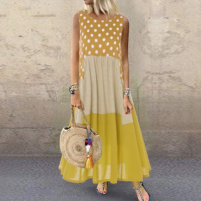 CD | Rochie maxi pentru femei - A-line fit - fără mâneci - bumbac - mixed dotted & checked