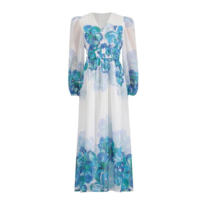 CD | Rochie midi pentru femei - Decolteu în V - Talie smocked - Mâneci lungi - Ținută lejeră, elegantă