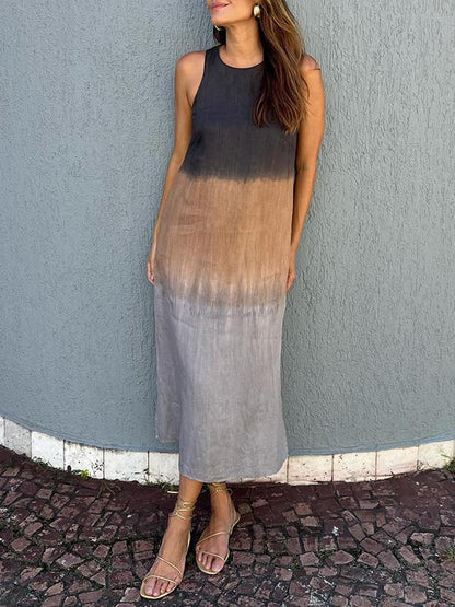 CD | Rochie midi de damă - Ținută relaxată - Fără mâneci - Fibre naturale - Fantă laterală - Design gradient