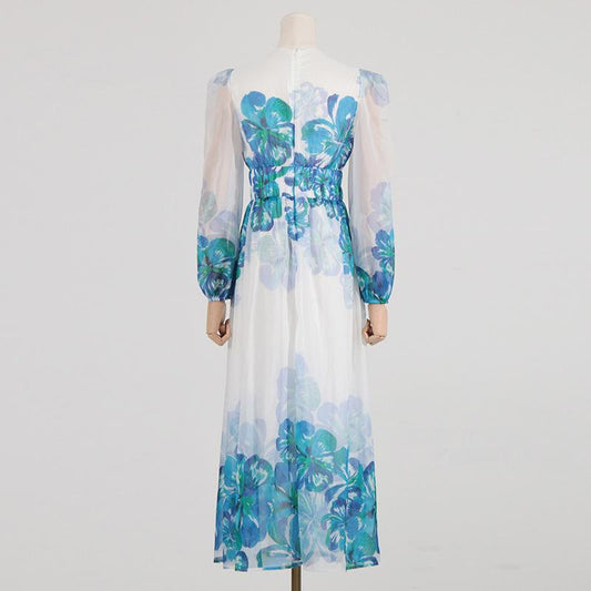 CD | Rochie midi pentru femei - Decolteu în V - Talie smocked - Mâneci lungi - Ținută lejeră, elegantă