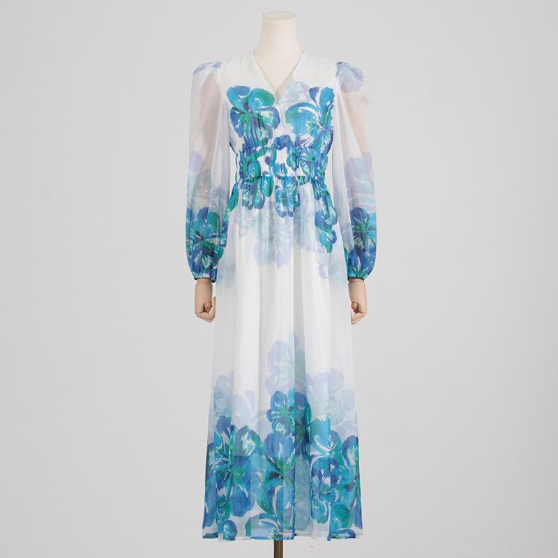 CD | Rochie midi pentru femei - Decolteu în V - Talie smocked - Mâneci lungi - Ținută lejeră, elegantă