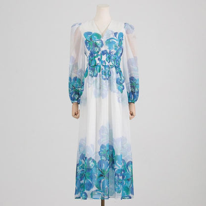 CD | Rochie midi pentru femei - Decolteu în V - Talie smocked - Mâneci lungi - Ținută lejeră, elegantă