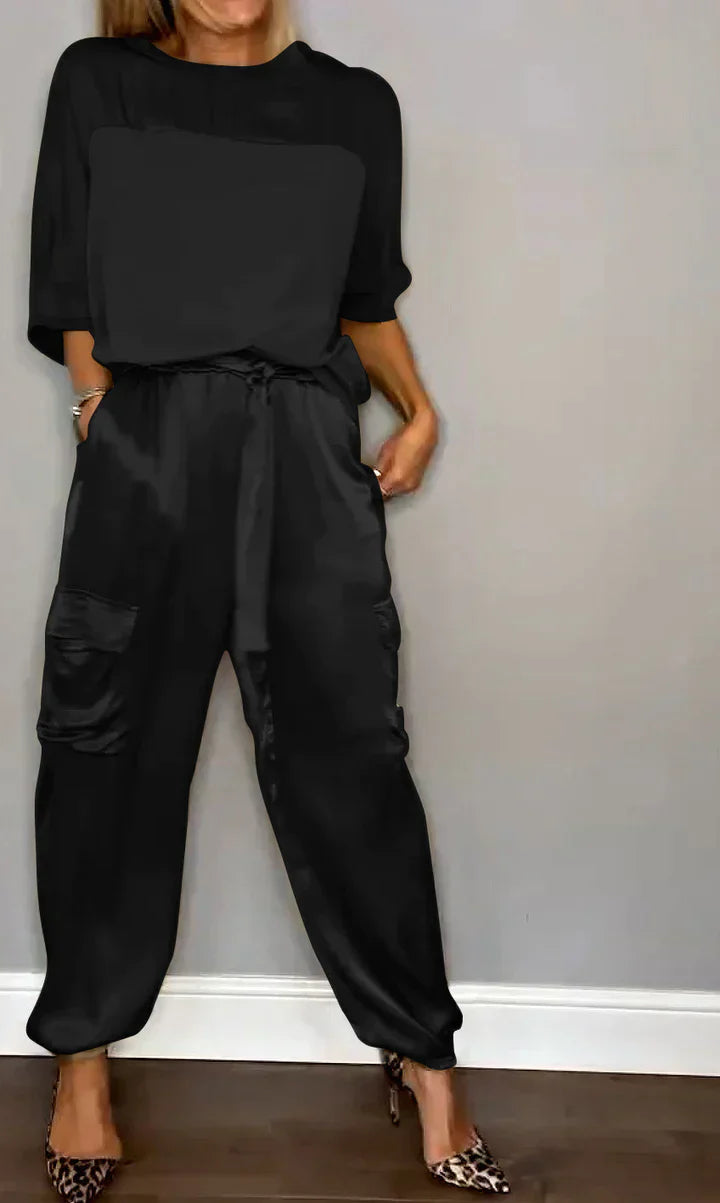 CD | Set din două piese cu top și pantaloni din satin monocolor pentru femei