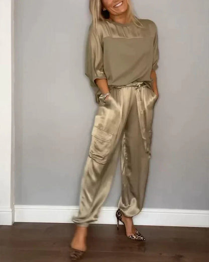 CD | Set din două piese cu top și pantaloni din satin monocolor pentru femei