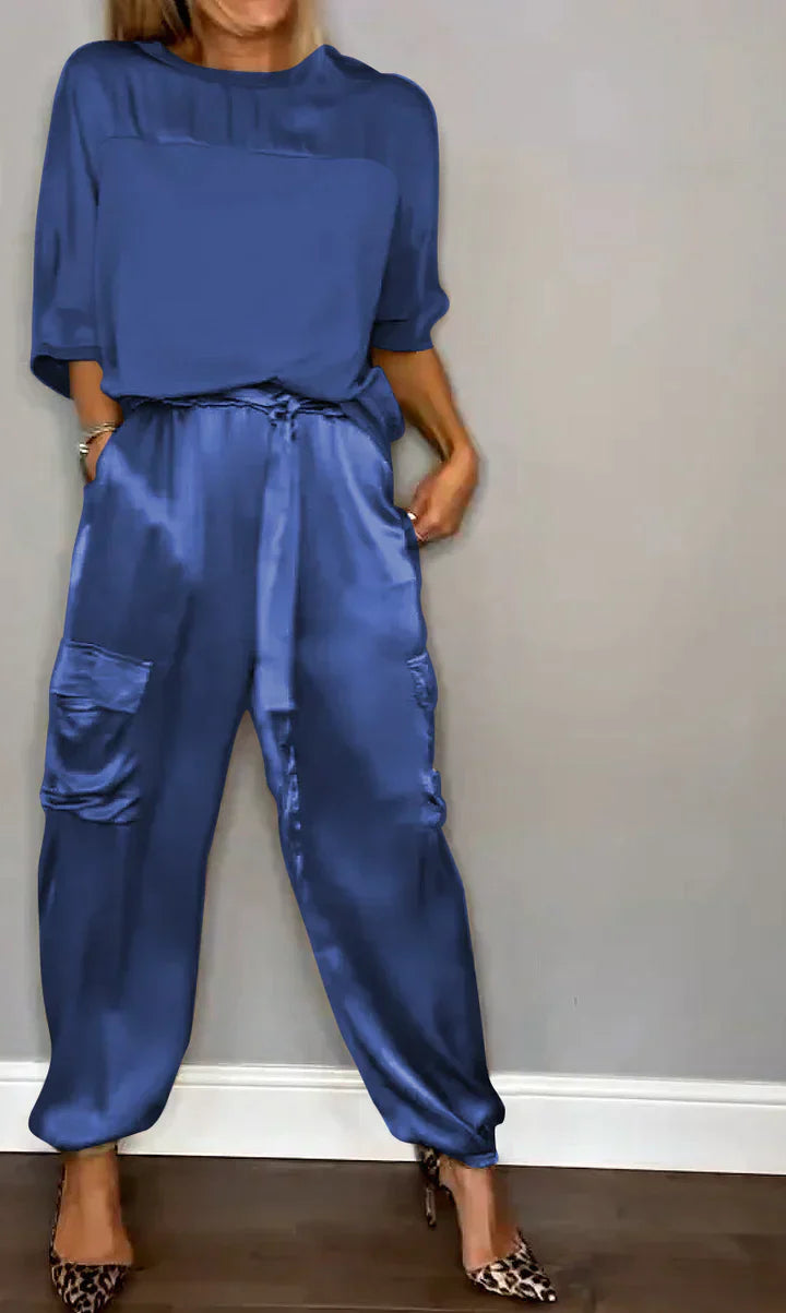 CD | Set din două piese cu top și pantaloni din satin monocolor pentru femei