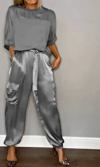 CD | Set din două piese cu top și pantaloni din satin monocolor pentru femei