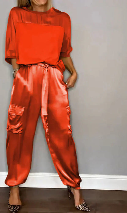 CD | Set din două piese cu top și pantaloni din satin monocolor pentru femei