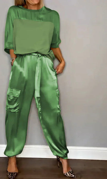 CD | Set din două piese cu top și pantaloni din satin monocolor pentru femei