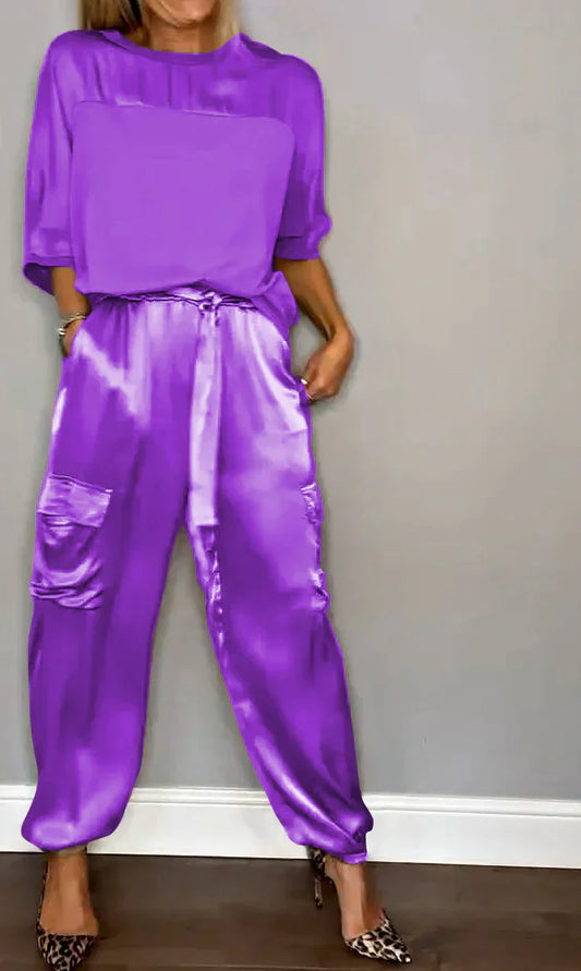 CD | Set din două piese cu top și pantaloni din satin monocolor pentru femei