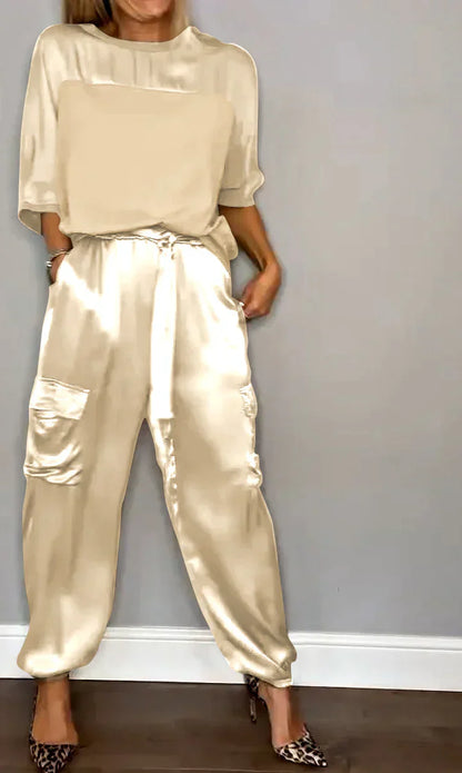 CD | Set din două piese cu top și pantaloni din satin monocolor pentru femei