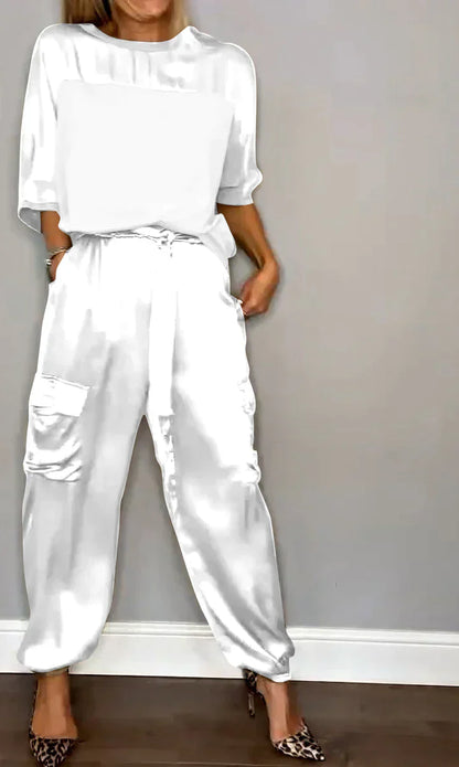 CD | Set din două piese cu top și pantaloni din satin monocolor pentru femei