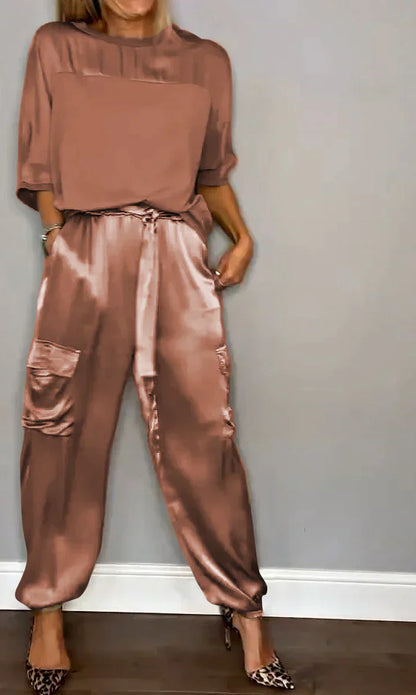 CD | Set din două piese cu top și pantaloni din satin monocolor pentru femei