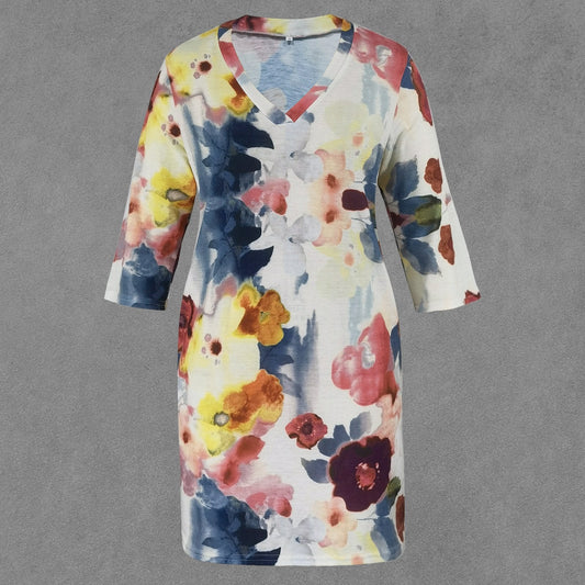 CD | Rochie midi florală cu imprimeu acuarelă, țesătură ușoară și mâneci cu design elegant
