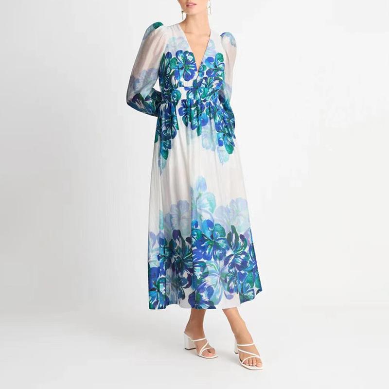 CD | Rochie midi pentru femei - Decolteu în V - Talie smocked - Mâneci lungi - Ținută lejeră, elegantă
