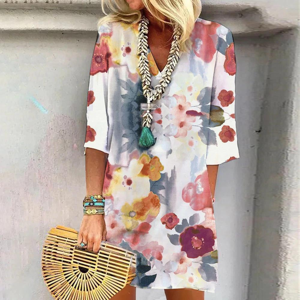 CD | Rochie midi florală cu imprimeu acuarelă, țesătură ușoară și mâneci cu design elegant