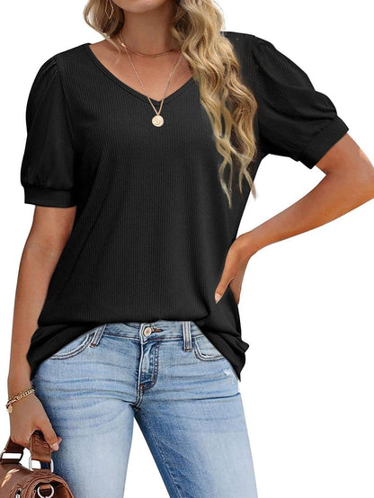 CD | Tricou V-Neck vrac scurt maneca mare Stretch Casual Puff Sleeve Top