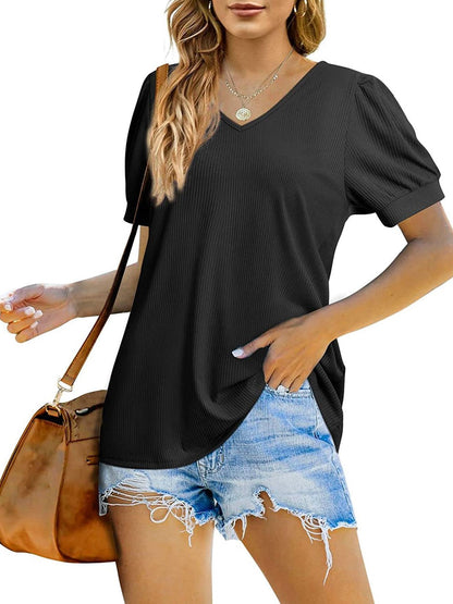 CD | Tricou V-Neck vrac scurt maneca mare Stretch Casual Puff Sleeve Top