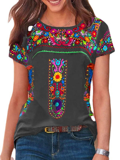 CD | Boho Print rotund gât scurt maneca tricou Top