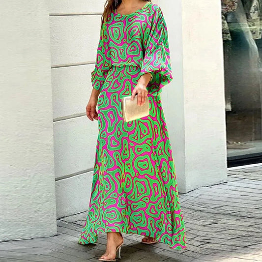 CD | Rochie maxi pentru femei - Croială fluidă - Decolteu rotunjit - Mâneci largi - Amestec respirabil