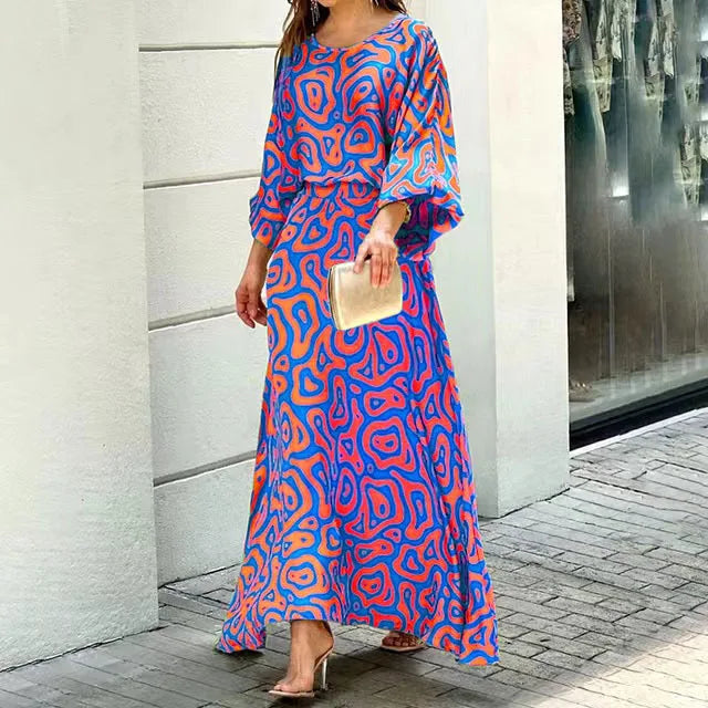 CD | Rochie maxi pentru femei - Croială fluidă - Decolteu rotunjit - Mâneci largi - Amestec respirabil