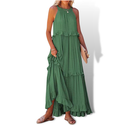 CD | Rochie maxi pentru femei - Ținută relaxată - Gât tip halter - Detaliu cu volane - Fibre naturale