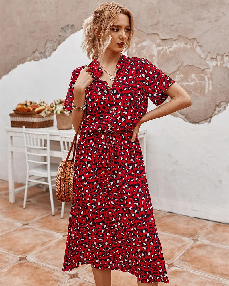 CD | Rochie midi pentru femei - Croială relaxată - Butonieră - Mâneci scurte - Amestec respirabil