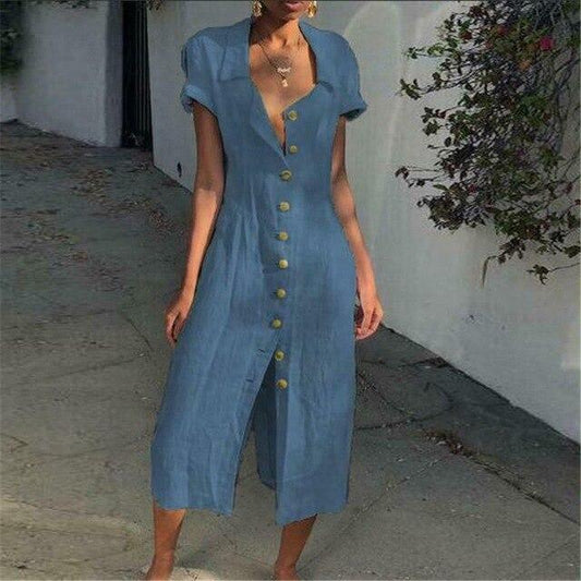 CD | Rochie midi pentru femei - Croială relaxată - Buton în față - Amestec respirabil - Mâneci scurte