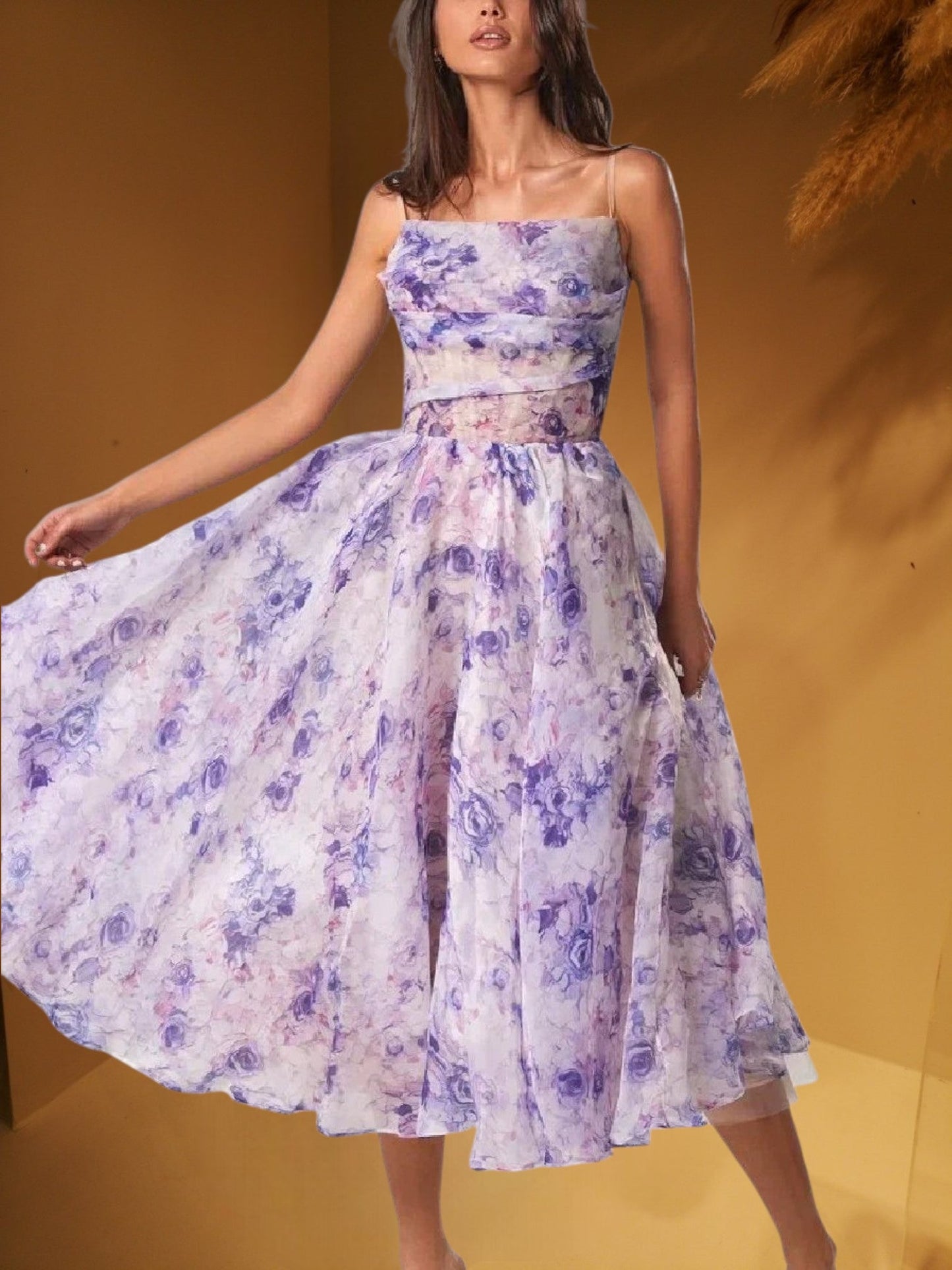 CD | Rochie midi fără mâneci pentru femei cu imprimeu floral și croială structurată