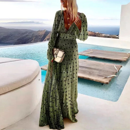 CD | Rochie lungă cu buline, cu un aspect chic și mâneci lungi elegante