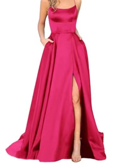 CD | Rochie maxi pentru femei - Top slim fit - Fustă fluidă - Bretele spaghetti - Fantă laterală
