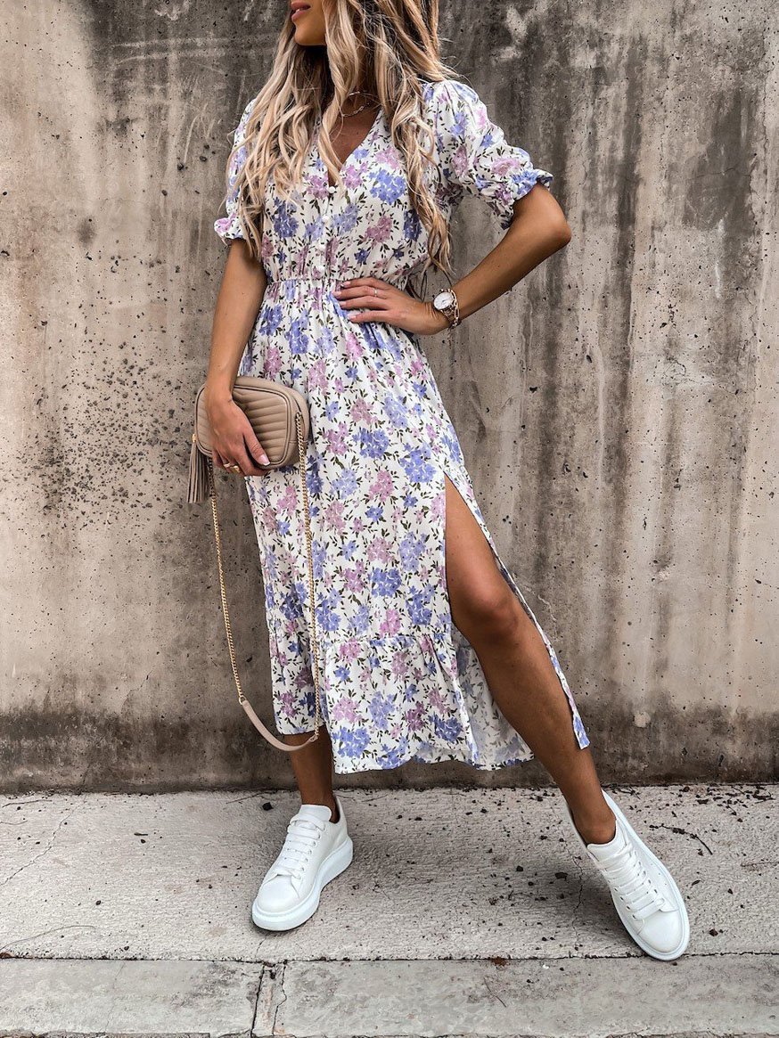 CD | V-neck imprimare split rochie lungă