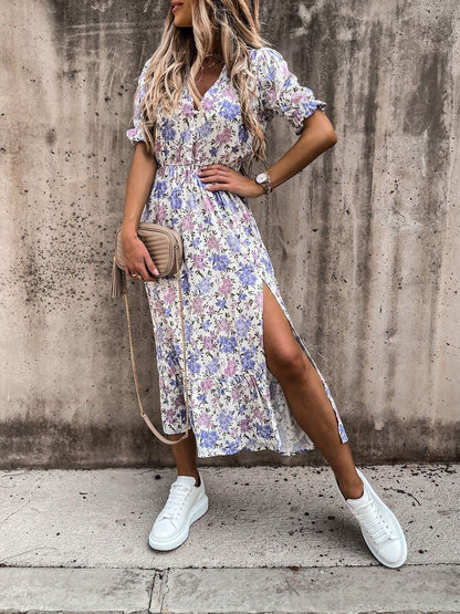 CD | V-neck imprimare split rochie lungă