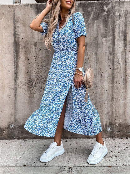 CD | V-neck imprimare split rochie lungă