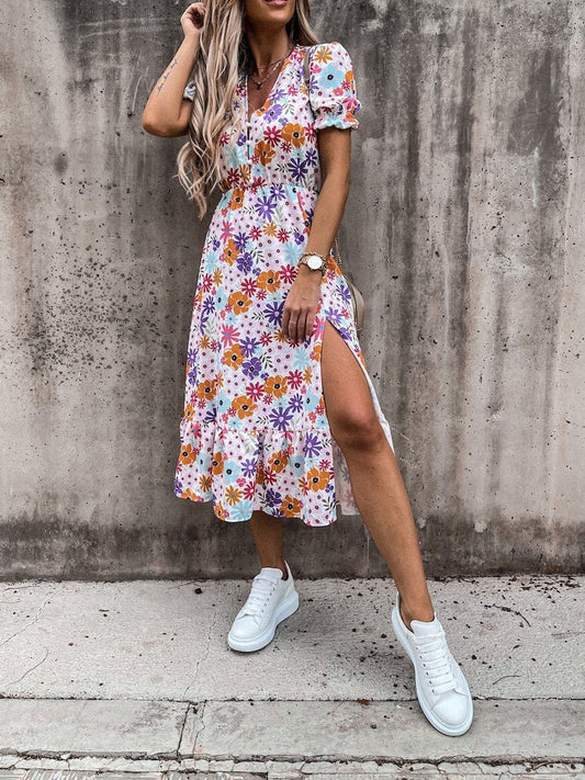CD | V-neck imprimare split rochie lungă
