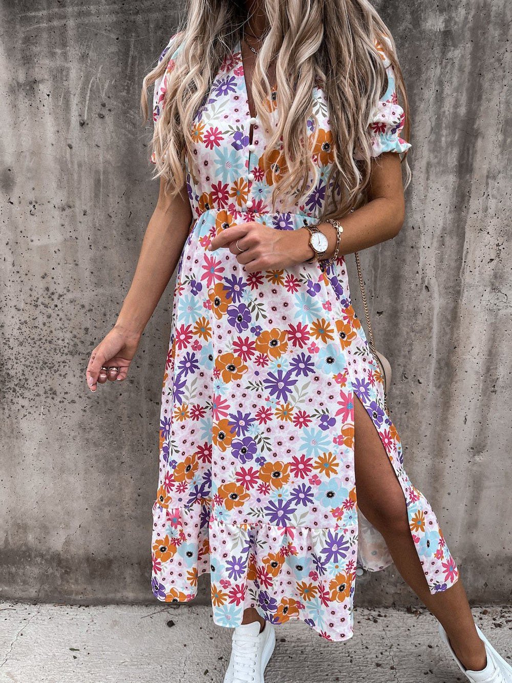 CD | V-neck imprimare split rochie lungă