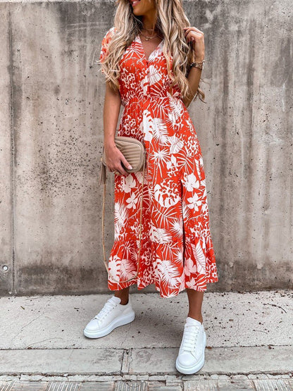 CD | V-neck imprimare split rochie lungă
