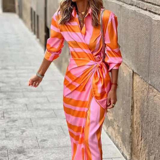 CD | Fashion Rochie midi în dungi cu decolteu în V, cu dantelă