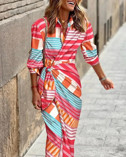 CD | Fashion Rochie midi în dungi cu decolteu în V, cu dantelă