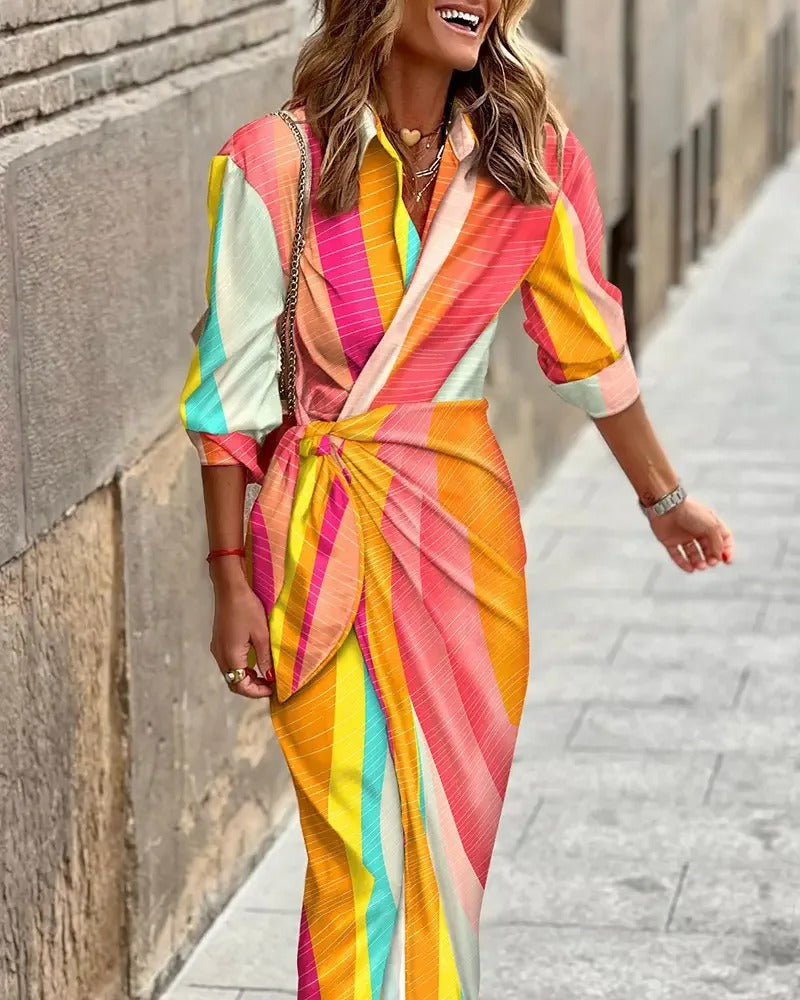 CD | Fashion Rochie midi în dungi cu decolteu în V, cu dantelă