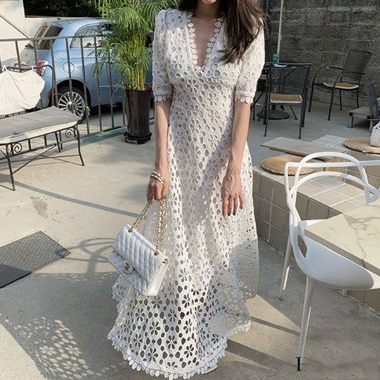 CD | Rochie maxi pentru femei - A-line dantelă - V-neck - mâneci medii - margine festonată