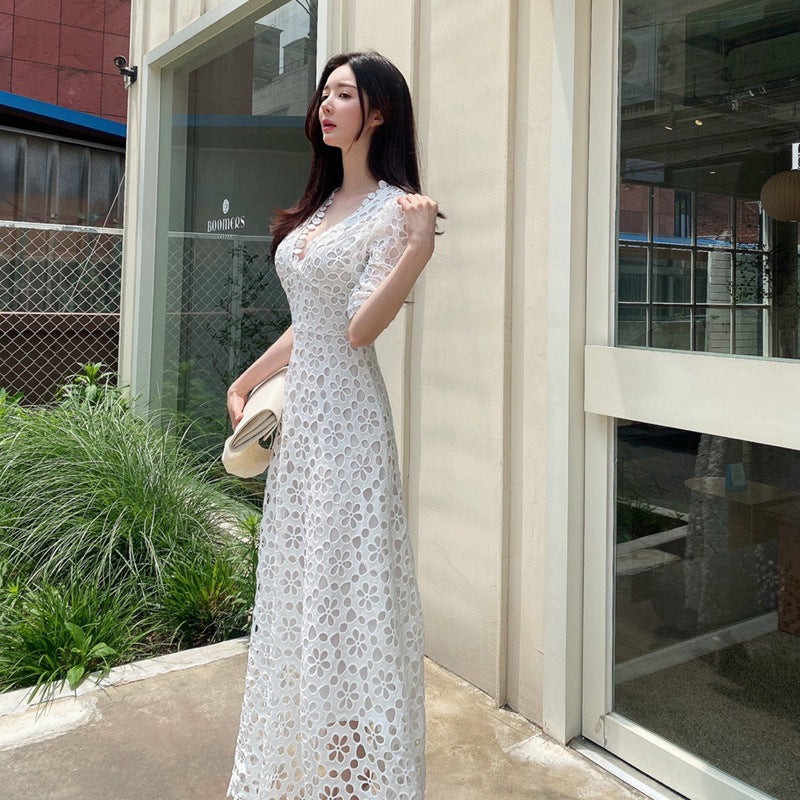 CD | Rochie maxi pentru femei - A-line dantelă - V-neck - mâneci medii - margine festonată