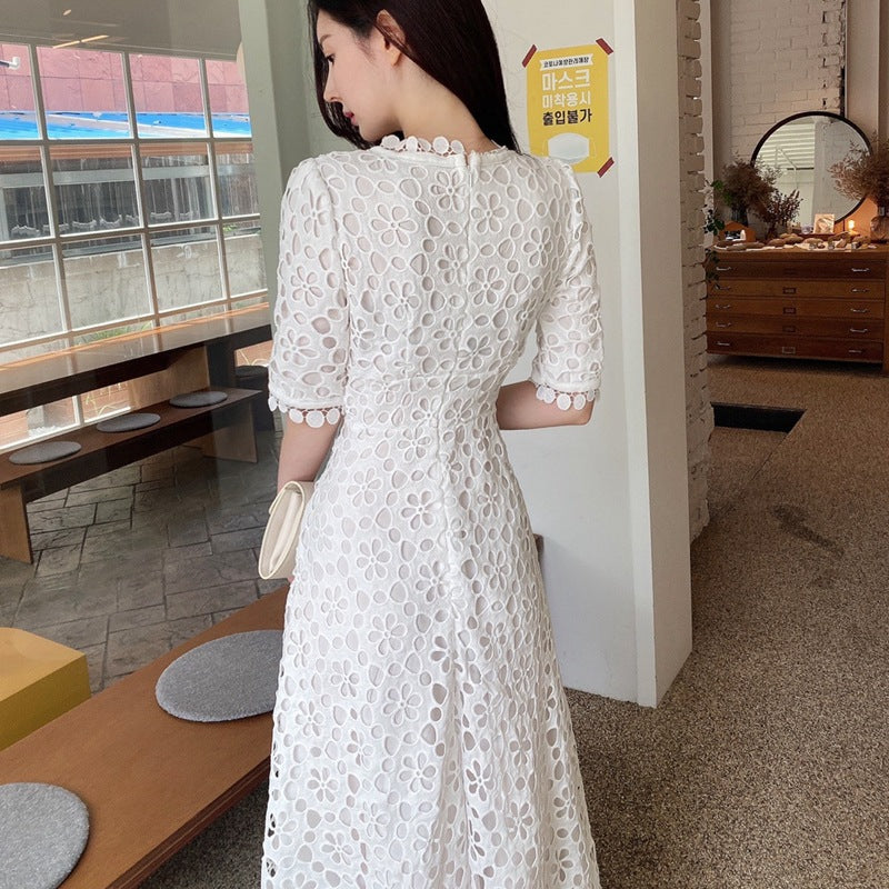 CD | Rochie maxi pentru femei - A-line dantelă - V-neck - mâneci medii - margine festonată