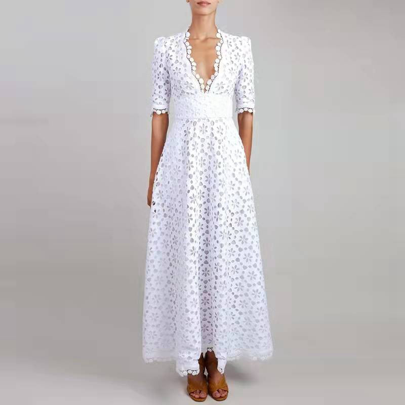 CD | Rochie maxi pentru femei - A-line dantelă - V-neck - mâneci medii - margine festonată