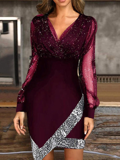 CD | V-neck Irregular mesh panel mini rochie