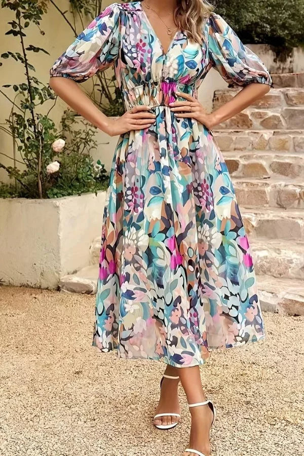 CD | Rochie midi pentru femei - Croială fluidă - Decolteu în V - Mâneci bufante - Talie elastică - Imprimeu floral