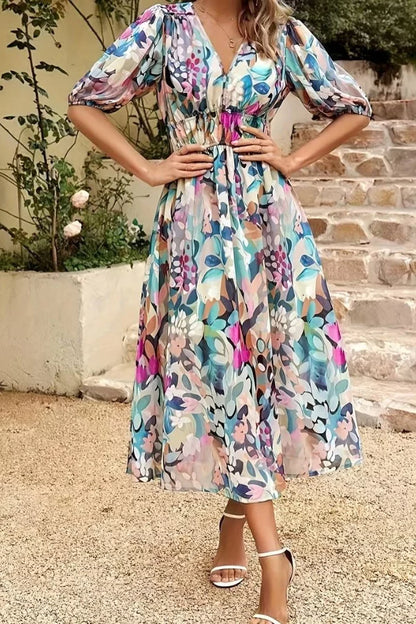 CD | Rochie midi pentru femei - Croială fluidă - Decolteu în V - Mâneci bufante - Talie elastică - Imprimeu floral