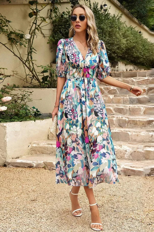 CD | Rochie midi pentru femei - Croială fluidă - Decolteu în V - Mâneci bufante - Talie elastică - Imprimeu floral
