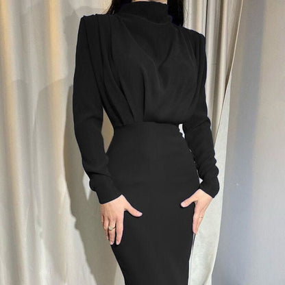 CD | Rochie midi drapată cu guler ridicat